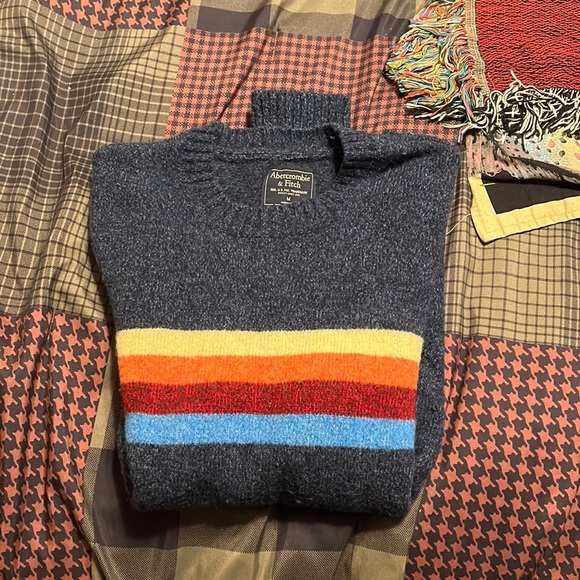Abercrombie & Fitch Blue Sweater w/ Yellow, Orange, and Red Color Bands - Picture 2 of 4